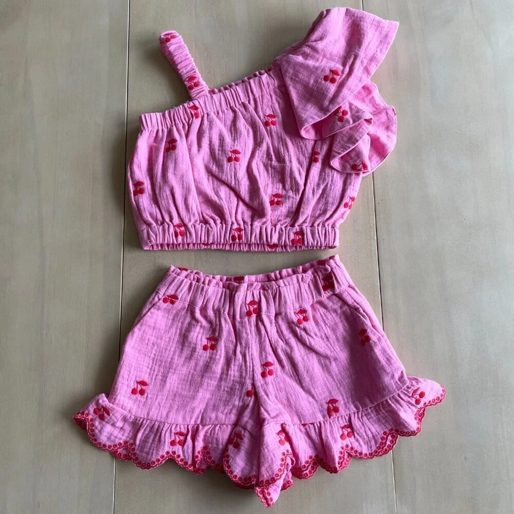 Finding Foxtale Girl's Pink Cherry 100% Cotton Muslin‎ Ruffle Outfit - Size 2